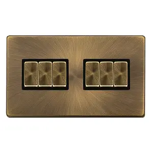 Antique Brass Screwless Plate 10A 6 Gang 2 Way Ingot Light Switch - Black Trim - SE Home