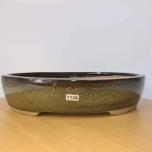 32cm Glazed Bonsai Pot - Oval - 32cm x 26cm x 7cm - Green