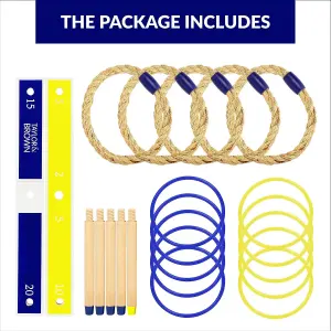 Quoits Garden Game Set with Wooden Ring Toss 5 Rope Rings, 10 Plastic Rings & Carry Bag Fun for Family, Kids, and Adults