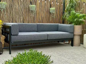 3 Seater Garden Sofa Black Wooden Garden Furniture Sofa with Comfy Grey Cushions - Cori