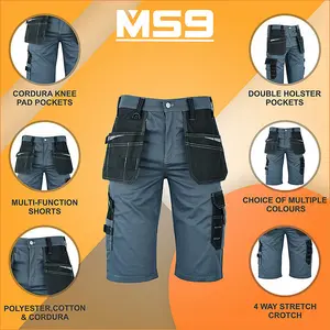 MS9 Mens Work Redhawk Cargo Combat Holster Pockets Tactical Worker Working Shorts E1, Grey - 40W