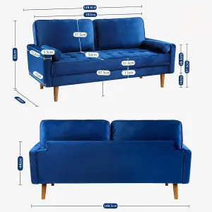 148CM Velvet Love Seat Blue Couch with 2 Pillows