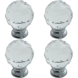 4x Faceted Crystal Cupboard Door Knob 40mm Dia Polished Chrome Cabinet Handle