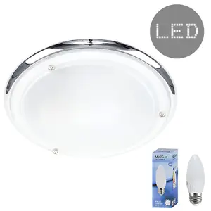 ValueLights IP44 Silver Chrome & Glass Flush Bathroom Ceiling Light - with 1 x Thermal Plastic 4w LED ES E27 Cool White Bulb