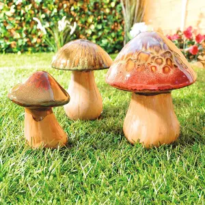 3 x Decorative Toadstool Ornaments - Indoor Outdoor Hand Finished Ceramic Glazed Mushroom Decorations - One of Each H16, 14 & 10cm