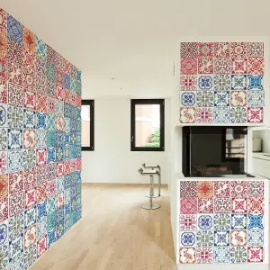 Walplus Blue and Red Vintage Combo Mix Tile Stickers