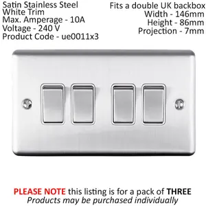 3 PACK 4 Gang Quad Metal Light Switch SATIN STEEL 2 Way 10A White Trim