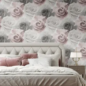 Muriva Rhoda Rose Pink Wallpaper Floral Flowers Grey White Glamorous Modern