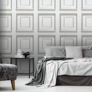 Light Grey Panel Effect Wallpaper Metallic Realistic 3D Wood Effect Flat Finish