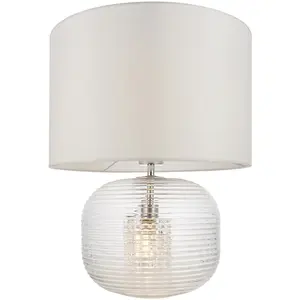 Clear Ribbed Glass Twin Lit Table Lamp Light & Vintage White Fabric Shade