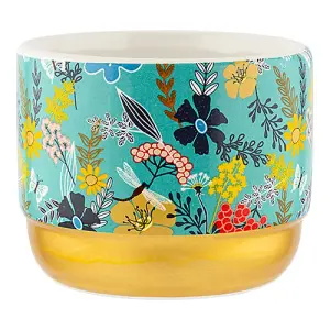 Gold & Blue Oriental Flower Plant Pot 10cm