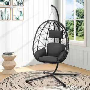 Black Foldable Single Egg Chair Hanging Basket with Metal Bracket and Seat Cushion