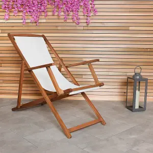 Charles Bentley Folding FSC Eucalyptus Wooden Deck Chair Beach Sun Lounger Cream