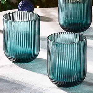 Set of 2 Vintage Luxury Blue Ribbed Short Drinking Glass Whisky Glass Tumbers 270ml