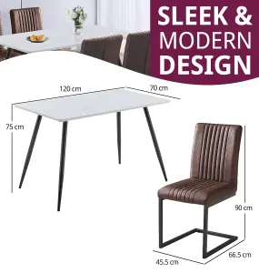 Hallowood Furniture Cullompton Rectangular Dining Table 120cm in White Marble Effect Top with 4 Brown Leather Effect Chairs