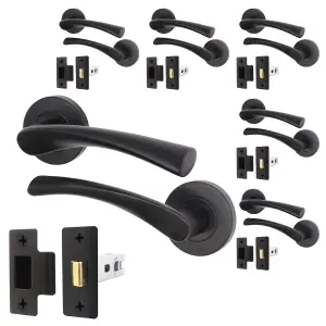 AFIT Matt Black Door Handle Latch Set - Pack of 6 Round Internal Door Handles & Latch (64mm) Lever on Rose Novi Range