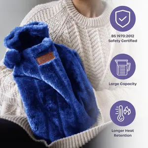 3.5L XXL Hot Water Bottle with Zipper & Hand Pocket Blue Faux Fur, Soft Washable Bag for Pain Relief, Warm Compress & Cozy Comfort