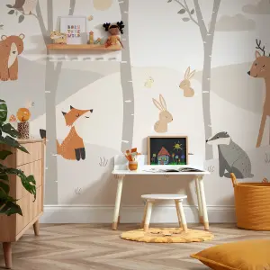 Woodland Animal Mural In Grey (450cm x 240cm)