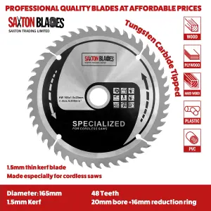 Saxton TCT165MXB Thin Kerf TCT Circular Saw Blades 165mm x 48 & 60 Teeth x 20mm Bore + 16mm Ring Pack of 2