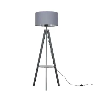 ValueLights Morrigan Grey Wood Tripod Design Floor Lamp with Storage Shelf & Grey/Chrome Drum Shade with LED Bulb