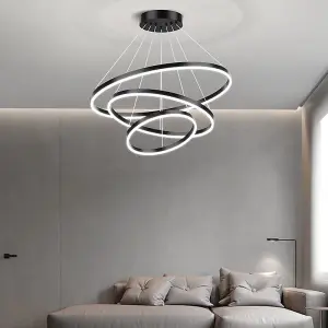 Modern Black 3 Ring Aluminum Round Adjustable Linear Hanging LED Ceiling Pendant Light in White Light