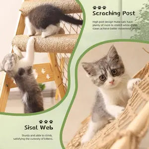 Wooden Cat Tower for Indoor Cats with Hammock Straching Post Climbing Web