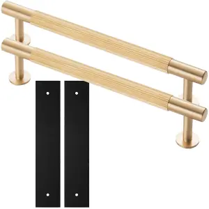 2 PACK - Pull Handle & Contrasting Backplate Set - Reeded Lined T Bar - Satin Brass & Black