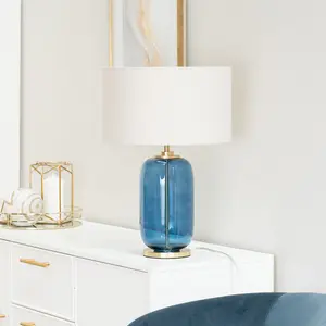 ValueLights Leigh Navy Blue Glass and Gold Detail Table Lamp with White Drum Shade