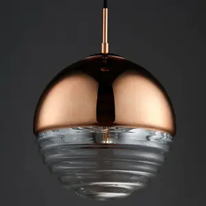 Hanging Ceiling Pendant Light COPPER & RIBBED GLASS Sphere Lamp Bulb Holder