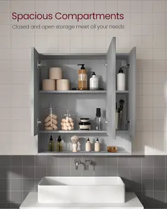 VASAGLE Bathroom Mirror Cabinet, Bathroom Cabinet with Mirror, Wall Mirror Cabinet, Open Compartment, Shelves, Dove Grey