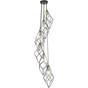 Hanging Ceiling Pendant Light - Matt Black & Gold Effect Plate - 6 X 6W LED E14