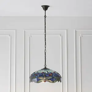 Tiffany Glass Hanging Ceiling Pendant Light Blue Dragonfly 3 Lamp Shade i00109