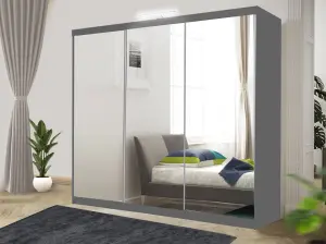 Bedroom Sliding Wardrobe with LED - Storage Space & Sleek Design comes in Width 100cm/120cm/150cm/180cm/203cm/250cm (Grey, 250cm)