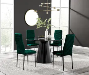 Furniturebox UK Palma Black Semi-Gloss Round Pedestal Dining Table & 4 Grey Velvet Milan Black Leg Chairs