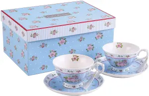 Coffee Tea Cups and Saucers Set of 2 Vintage Flower Flora Rose Lavender Gift Box