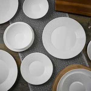 Queensway Home & Dining 26cm Diameter 12 Pcs White Opal Glass Vienna Ribbed Dinner Plates Soup Bowls Dinnerware Set