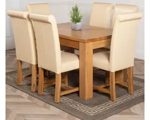 Dakota 127 x 82 cm Chunky Oak Small Dining Table and 6 Chairs Dining Set with Washington Ivory Leather Chairs