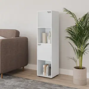 URBNLIVING 119cm Height 4 Cubes White Wooden Bookcase Shelving Display Shelf White Door Storage Unit