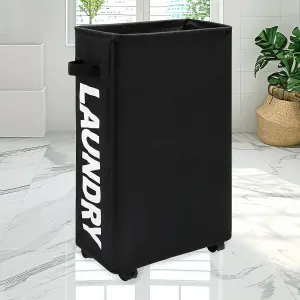 Black Polyester Laundry Hamper Collapsible Medium Laundry Basket with Wheels - 38L