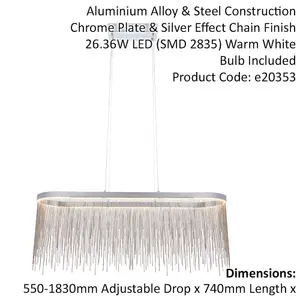 Oval Ceiling Pendant Light Fitting - Chrome Plate & Silver Waterfall Chains