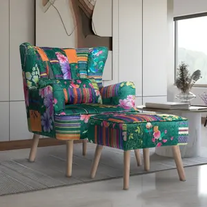 Fabric Green Patchwork Abigail Accent Wingback Chair with Footstool