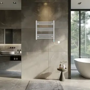 Rinse Bathrooms Prefilled Electric Thermostatic Heated Towel Rail Bathroom Radiator Straight with 400W Timer Chrome 600x600mm