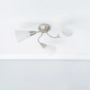 ValueLights Kristina Silver 3 Arm Ceiling Light with White Frosted Glass Shades - LED Bulbs Included