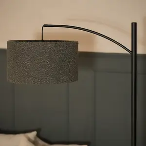 ValueLights Preto Black Metal Curve Stem Living Room Floor Lamp with a Charcoal Grey Boucle Shade