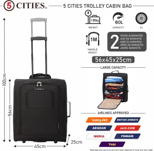 5 Cities 56x45x25 Trolley Bag EasyJet/ British Airways/ Jet2 Maximum Cabin Approved Carry On Suitcase 60L Capacity with 2 Wheels L