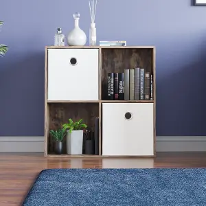 Vida Designs Durham Dark Wood 2x2 Cube Storage Unit & Set of 2 White Foldable Cube Storage Baskets