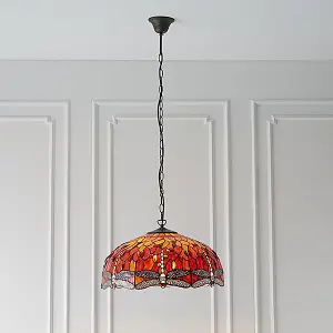 Luminosa Dragonfly Tiffany 3 Light Large Ceiling Pendant Bronze, Red