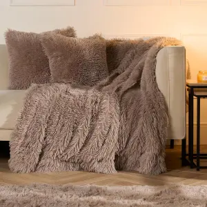 Sienna Fluffy 2 x Cushion Covers Soft Shaggy, 18"x 18" - Natural Brown