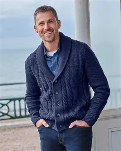 Mens Logan Cable Shawl Collar Cardigan Blue | Woolovers