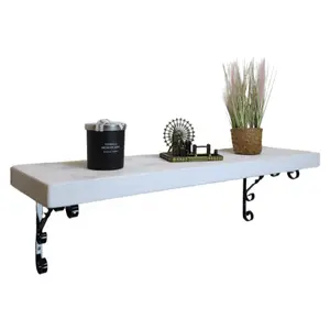 Solid Wood Handmade Rustical Shelf White 225mm 9 inch with Black Metal Bracket WO Length of 220cm